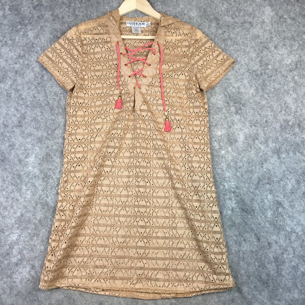 Ingear Resort Swim Cover L Tan Eyelet Lacy Striped Swmi Sheer Tassle Tie Hooded